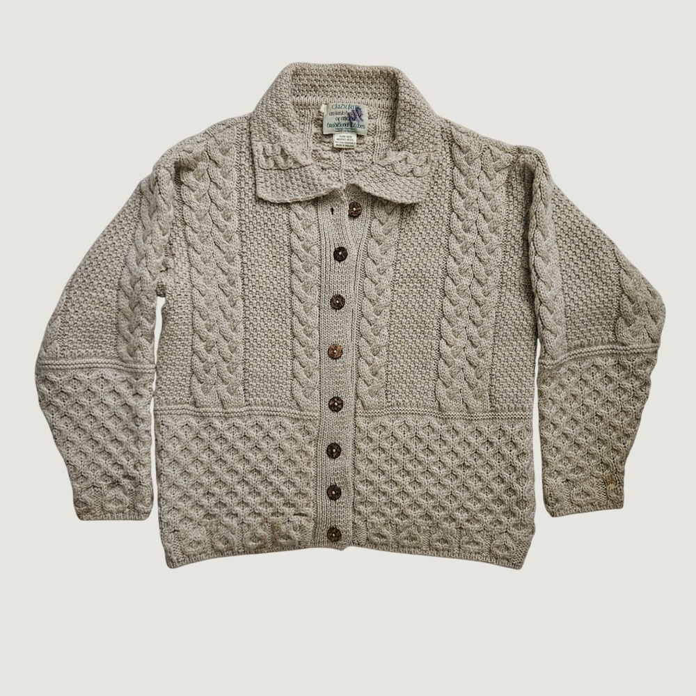 100% Merino Wool Cardigan Sweater Women Irish Aran Cable Knit Ireland Cozy